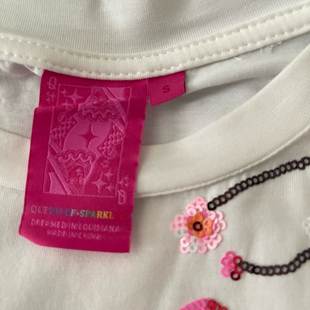 QUEEN OF SPARKLES White Tee with Pink Floral Design - Picture 3 of 4